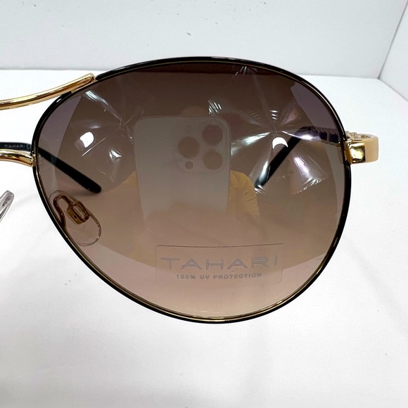 TAHARI AVIATOR 100% UV PROTECT SUNGLASSES,GOLD METAL FRAME, WOVEN LEATHER SIDES - Picture 6 of 14